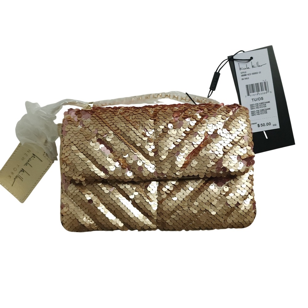 Nicole Miller Gold Sequin Bag Purse Chain Strap Chevron Evening Glam HomeComing